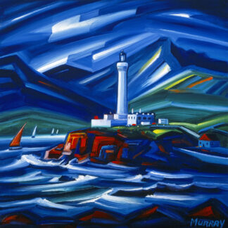 An expressionistic painting of a lighthouse on a rocky outcrop with a house and boats, featuring bold brush strokes and a dynamic, swirling sky. By Raymond Murray